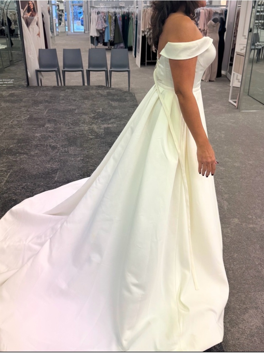 David’s Bridal Off-Shoulder Satin A-Line Bridal Gown in Ivory - Picture 2 of 4